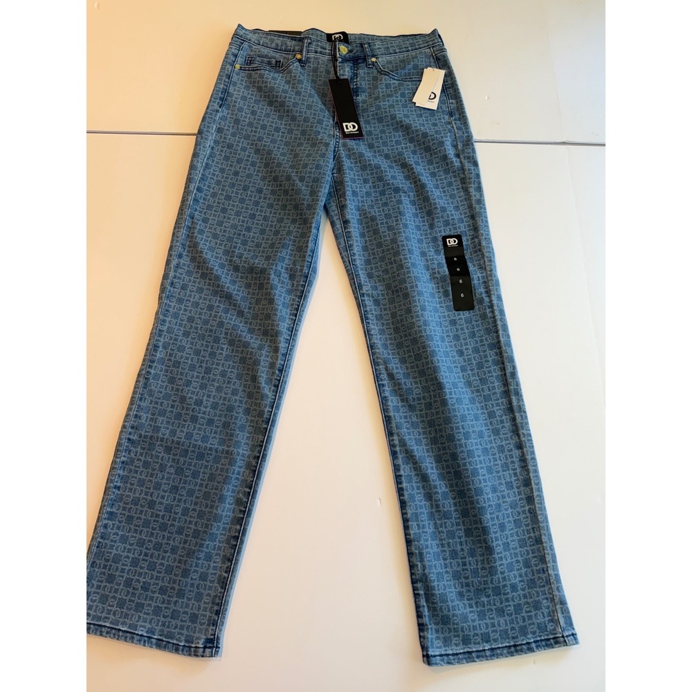 Dee Ocleppo Matilda Monogram Straight Leg Jeans Blue Denim Logo Print Size 6 NEW